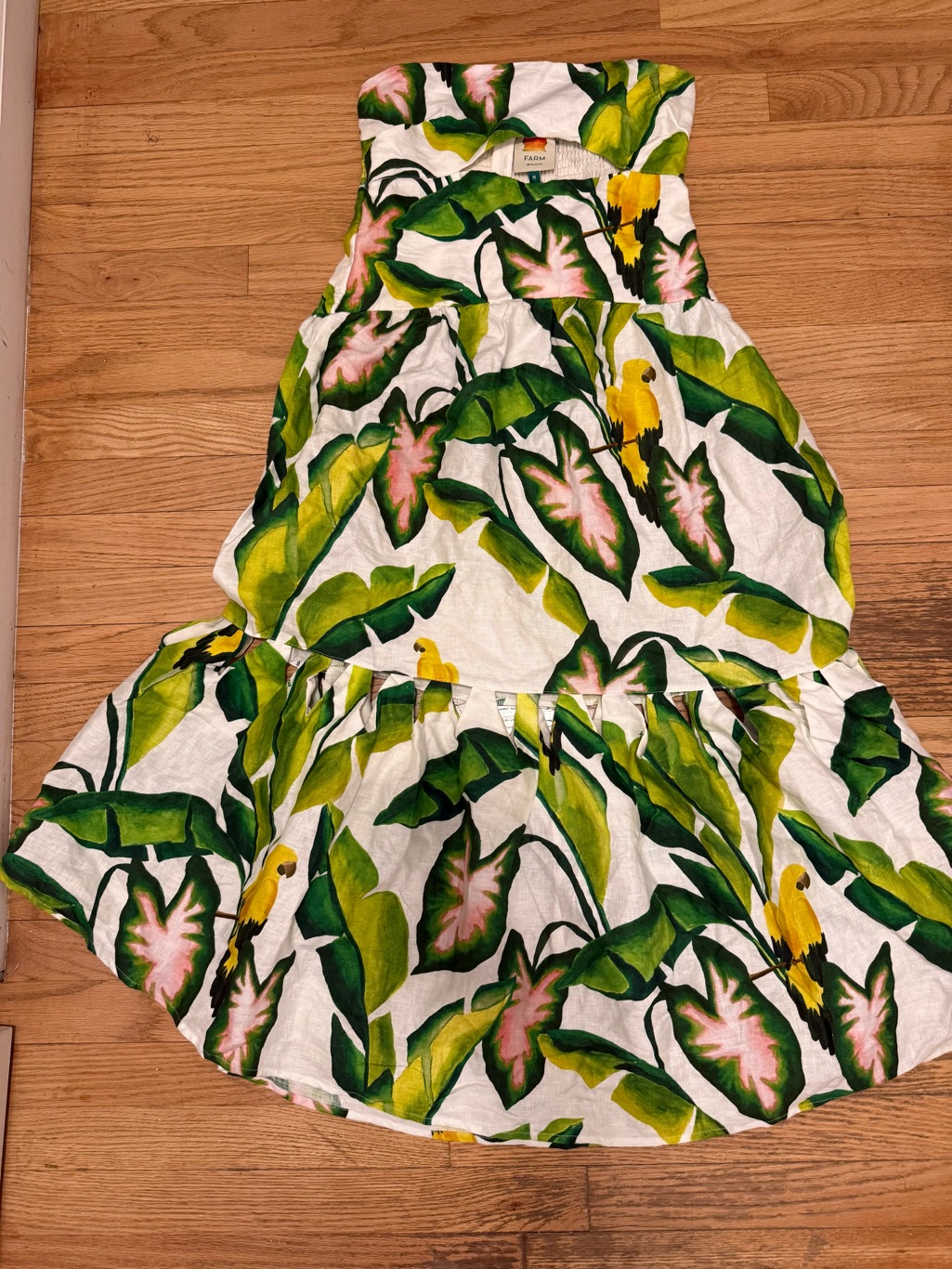Tropical Leaf Print Cotton Strapples Dress In Green & White